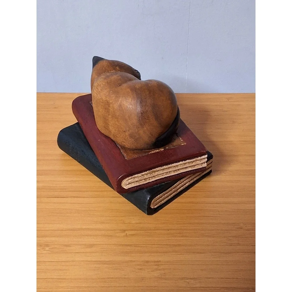 Vintage Handcrafted Wooden Cat Sleeping On Books Paper Weight. Made In Thailand